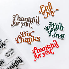 Load image into Gallery viewer, Catherine Pooler - Stamp & Die Set - Sentiments - Joyful Thanks. Send a "big thanks" with the Joyful Thanks Sentiment Stamp & Die Set. This stamp set features some large sentiments and smaller complimentary sentiments to use alone or inside the card. Available at Embellish Away located in Bowmanville Ontario Canada. Example by brand ambassador.