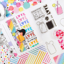 Load image into Gallery viewer, Catherine Pooler - Stamp & Die Set - Serving LOVE. Serve up some love in the form of a cold, court-side beverage with this adorable set. The Serving LOVE Stamp Set features a classic jar style drink complete with tennis ball garnish and striped straw! Available at Embellish Away located in Bowmanville Ontario Canada. Example by Catherine Pooler Designs.