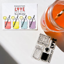 Load image into Gallery viewer, Catherine Pooler - Stamp & Die Set - Serving LOVE. Serve up some love in the form of a cold, court-side beverage with this adorable set. The Serving LOVE Stamp Set features a classic jar style drink complete with tennis ball garnish and striped straw! Available at Embellish Away located in Bowmanville Ontario Canada. Example by Catherine Pooler Designs.