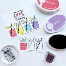 Load image into Gallery viewer, Catherine Pooler - Stamp & Die Set - Serving LOVE. Serve up some love in the form of a cold, court-side beverage with this adorable set. The Serving LOVE Stamp Set features a classic jar style drink complete with tennis ball garnish and striped straw! Available at Embellish Away located in Bowmanville Ontario Canada. Example by Catherine Pooler Designs.
