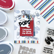 Load image into Gallery viewer, Catherine Pooler - Stamp & Die Set - Sock Hop. Travel the decades with these adorable and iconic shoe images in the Sock Hop Stamp Set and the coordinating Dies. Available at Embellish Away located in Bowmanville Ontario Canada. card example by brand ambassador.