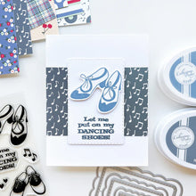 Load image into Gallery viewer, Catherine Pooler - Stamp & Die Set - Sock Hop. Travel the decades with these adorable and iconic shoe images in the Sock Hop Stamp Set and the coordinating Dies. Available at Embellish Away located in Bowmanville Ontario Canada. card example by brand ambassador.