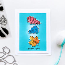 Load image into Gallery viewer, Catherine Pooler - Stamp & Die Set - Stamp-a-Side Leaves. You will certainly fall for the Stamp-a-Side Leaves Stamp & Die Set. You can stamp the whimsical patterned leaves with multiple ink colors or color the outline image with markers or blender pens. Available at Embellish Away located in Bowmanville Ontario Canada. Example by brand ambassador.