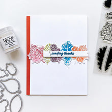 Load image into Gallery viewer, Catherine Pooler - Stamp & Die Set - Stamp-a-Side Leaves. You will certainly fall for the Stamp-a-Side Leaves Stamp & Die Set. You can stamp the whimsical patterned leaves with multiple ink colors or color the outline image with markers or blender pens. Available at Embellish Away located in Bowmanville Ontario Canada. Example by brand ambassador.