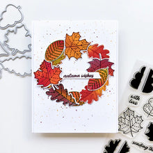 Load image into Gallery viewer, Catherine Pooler - Stamp & Die Set - Stamp-a-Side Leaves. You will certainly fall for the Stamp-a-Side Leaves Stamp & Die Set. You can stamp the whimsical patterned leaves with multiple ink colors or color the outline image with markers or blender pens. Available at Embellish Away located in Bowmanville Ontario Canada. Example by brand ambassador.