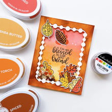 Load image into Gallery viewer, Catherine Pooler - Stamp & Die Set - Stamp-a-Side Leaves. You will certainly fall for the Stamp-a-Side Leaves Stamp & Die Set. You can stamp the whimsical patterned leaves with multiple ink colors or color the outline image with markers or blender pens. Available at Embellish Away located in Bowmanville Ontario Canada. Example by brand ambassador.