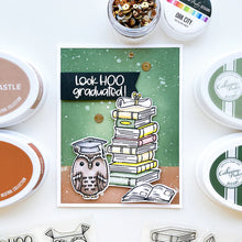 Load image into Gallery viewer, Catherine Pooler - Stamp & Die Set - Floral Fiction. The Floral Fiction Set is full of fun background and decorative elements for birthday, graduation or just because cards Pair these book and flowers with the Owls from the Who's Hoo set. Available at Embellish Away located in Bowmanville Ontario Canada. Example by brand ambassador.