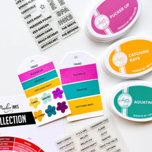 Load image into Gallery viewer, Catherine Pooler - Stamps - Party Colors. Updated to include the new 2023 Colors! Label your swatches and get organized with the Party Colors Stamp Set. This set includes each of the Party Color Ink Names as an individual stamp. Available at Embellish Away located in Bowmanville Ontario Canada. Example by brand ambassador.