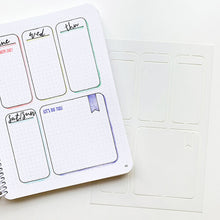 Load image into Gallery viewer, Catherine Pooler - Stencil - At A Glance. This At a Glance reusable stencil is from Catherine Pooler Designs. This stencil is perfect for making a 5 day week on a page of a Canvo or other planner or journal (sold separately). Available at Embellish Away located in Bowmanville Ontario Canada. Example by Catherine Pooler