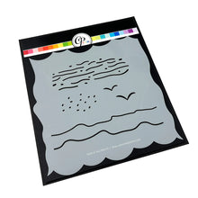 Load image into Gallery viewer, Catherine Pooler - Stencil - Sand & Sea. This smart stencil has four sides cut to use for blending clouds, waves, and the sandy beach edge. Add texture to the water and sand with the inside elements of the stencil. Add pair of seagulls in the distance. Available at Embellish Away located in Bowmanville Ontario Canada.