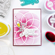 Load image into Gallery viewer, Catherine Pooler - Stencil - Spirodahlia. Add a doodle-style dahlia to your next card or project with the Spirodahlia Stencil. Grab your ink blending brushes or favorite medium and have fun creating with this large geometric bloom stencil. Available at Embellish Away located in Bowmanville Ontario Canada. Example by brand ambassador.