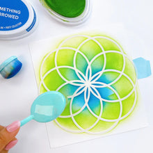 Load image into Gallery viewer, Catherine Pooler - Stencil - Spirodahlia. Add a doodle-style dahlia to your next card or project with the Spirodahlia Stencil. Grab your ink blending brushes or favorite medium and have fun creating with this large geometric bloom stencil. Available at Embellish Away located in Bowmanville Ontario Canada. Example by brand ambassador.