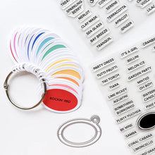 Load image into Gallery viewer, Catherine Pooler - Tag Die - Ink Swatch. Make your own colorful swatch ring. Die cut and direct to paper your center oval. Glue them to the die cut tag bases and tie them together with a piece of twine or us a binder ring for easy access. Available at Embellish Away located in Bowmanville Ontario Canada. Example by brand ambassador.