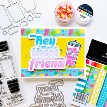 Load image into Gallery viewer, Catherine Pooler - Word Die - A Big Hey There. This die can be used as a frame with patterned paper behind or inlaid for a colorful pop. Just use the letters to add a simple "hey" or "friend" as well. Available at Embellish Away located in Bowmanville Ontario Canada. Example by brand ambassador.