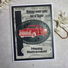 Cargar imagen en el visor de la galería, Creative Expressions - Craft Die By Sue Wilson - Vintage Cars. This Vintage Cars craft die from Sue's Dream Car collection is perfect to create cards and projects for the man in your life for all occasions. Available at Embellish Away located in Bowmanville Ontario Canada. Example by Siobhan Fyffe.