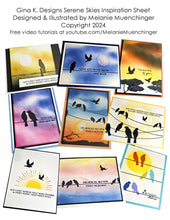 Load image into Gallery viewer, Gina K. Designs - Stamp - Serene Skies. Melanie Muenchinger has created some perfect silhouettes, powerlines and barbed wire fences to complement your blended ink backgrounds. This set is made of premium clear photopolymer and measures 6" X 8". Available at Embellish Away located in Bowmanville Ontario Canada. Inspiration Sheet by Melanie Muenchinger. For Personal Use only.
