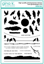 Load image into Gallery viewer, Gina K. Designs - Stamp - Serene Skies. Melanie Muenchinger has created some perfect silhouettes, powerlines and barbed wire fences to complement your blended ink backgrounds. This set is made of premium clear photopolymer and measures 6" X 8". Available at Embellish Away located in Bowmanville Ontario Canada.