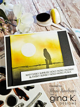 Load image into Gallery viewer, Gina K. Designs - Stamp - Serene Skies. Melanie Muenchinger has created some perfect silhouettes, powerlines and barbed wire fences to complement your blended ink backgrounds. This set is made of premium clear photopolymer and measures 6" X 8". Available at Embellish Away located in Bowmanville Ontario Canada. Example by Melanie Muenchinger.