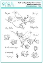 Load image into Gallery viewer, Gina K. Designs - Stamp & Die Set - Birds and Magnolias. Birds and Magnolias is a set by Hannah Drapinski. This set is made of premium clear photopolymer and measures 6" X 8". Made in the USA. Available at Embellish Away located in Bowmanville Ontario Canada.