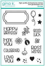 Cargar imagen en el visor de la galería, Gina K. Designs - Stamp & Die Set - Fun Frame. Fun Frame is a stamp & die set by Beth Silika. This set is made of premium clear photopolymer and measures 6" X 8". Some features include: Good Luck, Thank You, Best Wishes, Cupcake, Lady Bug. Available at Embellish Away located in Bowmanville Ontario Canada.
