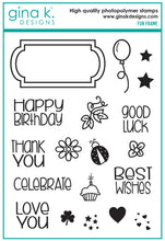 Cargar imagen en el visor de la galería, Gina K. Designs - Stamp Set - Fun Frame. Fun Frame is a stamp set by Beth Silika. This set is made of premium clear photopolymer and measures 6" X 8". Some features include: Good Luck, Thank You, Best Wishes, Cupcake, Lady Bug. Available at Embellish Away located in Bowmanville Ontario Canada.