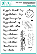 Cargar imagen en el visor de la galería, Gina K. Designs - Stamp & Die Set - Handmade Holidays. Handmade Holidays is a stamp & die set by Gina K Designs. This set is made of premium clear photopolymer and measures 6" X 8". Made in the USA. Available at Embellish Away located in Bowmanville Ontario Canada.