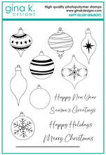 Cargar imagen en el visor de la galería, Gina K. Designs - Stamp & Die Set - Happy Holiday Ornaments. Happy Holiday Ornaments is a stamp and die set by Hannah Drapinski. This set is made of premium clear photopolymer and measures 6" X 8". Made in the USA. Available at Embellish Away located in Bowmanville Ontario Canada.