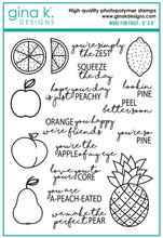 Cargar imagen en el visor de la galería, Gina K. Designs - Stamp & Die Set - More Fun Fruit. More Fun Fruit is a stamp & die set by Beth Silika. This set is made of premium clear photopolymer and measures 6" X 8". Made in the USA. Made in the USA. Available at Embellish Away located in Bowmanville Ontario Canada.