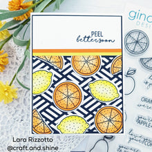 Cargar imagen en el visor de la galería, Gina K. Designs - Stamp & Die Set - More Fun Fruit. More Fun Fruit is a stamp & die set by Beth Silika. This set is made of premium clear photopolymer and measures 6" X 8". Made in the USA. Made in the USA. Available at Embellish Away located in Bowmanville Ontario Canada. Example by brand ambassador.