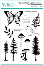 Cargar imagen en el visor de la galería, Gina K. Designs - Stamp & Die Set - Nature Walk. Nature Walk is a stamp set by Hannah Drapinski. This set is made of premium clear photopolymer and measures 6" X 8". Made in the USA. Available at Embellish Away located in Bowmanville Ontario Canada.