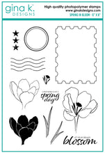 Cargar imagen en el visor de la galería, Gina K. Designs - Stamp & Die Set - Spring in Bloom. Spring in Bloom is a stamp set by Lisa Hetrick. This set is made of premium clear photopolymer and measures 6" X 8". Made in the USA. Available at Embellish Away located in Bowmanville Ontario Canada.