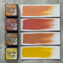 Load image into Gallery viewer, Ranger - Tim Holtz - Distress Mini Oxide Ink Pads Kit, #2 (4pc). Colours: Spiced Marmalade, Crackling Campfire, Rusty Hinge and Mustard Seed. Available at Embellish Away in Bowmanville Ontario Canada.