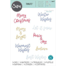 Load image into Gallery viewer, Sizzix - Thinlits Dies By Lisa Jones - 14/Pkg - Variety Sentiments #2. Perfect for adding greetings to cards and gift tags and with phrases from Merry Christmas and Let it Snow to Best Wishes and Believe. Available at Embellish Away located in Bowmanville Ontario Canada.