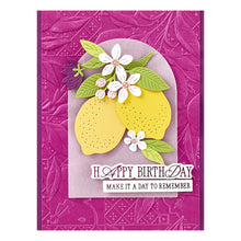 Load image into Gallery viewer, Spellbinders - 3D Embossing Folder - La Dolce Vita - Lemon Fresco. 5.50 x 8.50-inch embossing folder with a layer of stemmed lemons. Available at Embellish Away in Bowmanville Ontario Canada. Example by Brand Ambassador.