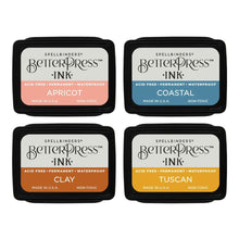 Load image into Gallery viewer, Spellbinders - BetterPress Letterpress Mini Ink Pad Set - 4/Pkg - Desert Sunset. Desert Sunset BetterPress Ink Mini Set includes four 1.25 x 1.75-inch ink pad colors of Apricot, Clay, Tuscan, and Coastal. Available at Embellish Away located in Bowmanville Ontario Canada.