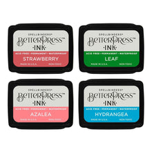 Load image into Gallery viewer, Spellbinders - BetterPress Letterpress Mini Ink Pad Set - 4/Pkg - Flower Garden. Flower Garden BetterPress Ink Mini Set includes four 1.25 x 1.75-inch ink pad colors of Strawberry, Leaf, Azalea, and Hydrangea. Available at Embellish Away located in Bowmanville Ontario Canada.