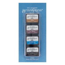 Load image into Gallery viewer, Spellbinders - BetterPress Letterpress Mini Ink Pad Set - 4/Pkg - Regal Tones. BetterPress Ink Regal Tones Mini 4-Pack Set includes four 1.25 x 1.75-inch ink pad colors of Bark, Mulberry, Cosmic Sky, and BetterPress Black. Available at Embellish Away located in Bowmanville Ontario Canada.