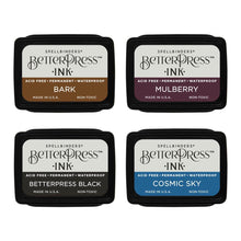 Load image into Gallery viewer, Spellbinders - BetterPress Letterpress Mini Ink Pad Set - 4/Pkg - Regal Tones. BetterPress Ink Regal Tones Mini 4-Pack Set includes four 1.25 x 1.75-inch ink pad colors of Bark, Mulberry, Cosmic Sky, and BetterPress Black. Available at Embellish Away located in Bowmanville Ontario Canada.