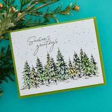 Cargar imagen en el visor de la galería, Spellbinders - BetterPress Letterpress Press Plates & Die Set - Seasons Greetings Evergreens. A set of two press plates and one thin metal cutting die. The largest press plate is a line of beautiful evergreen trees which makes a beautiful border. Available at Embellish Away located in Bowmanville Ontario Canada. Example by brand ambassador.