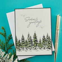 Cargar imagen en el visor de la galería, Spellbinders - BetterPress Letterpress Press Plates & Die Set - Seasons Greetings Evergreens. A set of two press plates and one thin metal cutting die. The largest press plate is a line of beautiful evergreen trees which makes a beautiful border. Available at Embellish Away located in Bowmanville Ontario Canada. Example by brand ambassador.