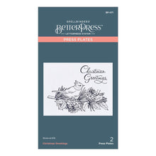 Load image into Gallery viewer, Spellbinders - BetterPress Letterpress System Press Plate - Christmas Greetings. . The set of two press plates includes a beautiful detailed bird perched on a pinecone branch and a hand scripted Christmas Greetings sentiment for an amazing focal point. Available at Embellish Away located in Bowmanville Ontario Canada.