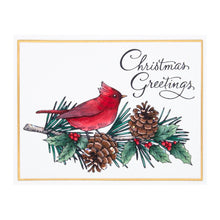 Load image into Gallery viewer, Spellbinders - BetterPress Letterpress System Press Plate - Christmas Greetings. . The set of two press plates includes a beautiful detailed bird perched on a pinecone branch and a hand scripted Christmas Greetings sentiment for an amazing focal point. Available at Embellish Away located in Bowmanville Ontario Canada. Example by brand ambassador.
