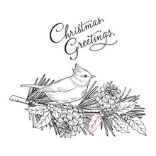 Load image into Gallery viewer, Spellbinders - BetterPress Letterpress System Press Plate - Christmas Greetings. . The set of two press plates includes a beautiful detailed bird perched on a pinecone branch and a hand scripted Christmas Greetings sentiment for an amazing focal point. Available at Embellish Away located in Bowmanville Ontario Canada.