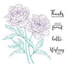 Load image into Gallery viewer, Spellbinders - BetterPress Press Plate - Peony Perfection Registration. The set of six press plates and one mylar printed registration template come together to create a beautiful two stemmed Peony blooms with a choice of four sentiments. Available at Embellish Away located in Bowmanville Ontario Canada.