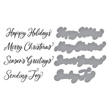 Load image into Gallery viewer, Spellbinders - BetterPress Press Plate & Die Set - Sending Joy Sentiments. Sending Joy Sentiments Press Plate & Die Set is from the Home for the Holidays Collection. This time saver is a set of one press plate and matching thin metal cutting die. Available at Embellish Away located in Bowmanville Ontario Canada.
