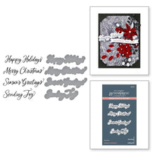 Load image into Gallery viewer, Spellbinders - BetterPress Press Plate & Die Set - Sending Joy Sentiments. Sending Joy Sentiments Press Plate & Die Set is from the Home for the Holidays Collection. This time saver is a set of one press plate and matching thin metal cutting die. Available at Embellish Away located in Bowmanville Ontario Canada.