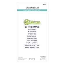 Load image into Gallery viewer, Spellbinders - Clear Stamp & Die Set - All About Christmas - Christmas Sentiments. Ten sentiment stamp and dies that work around the word, Christmas. Available at Embellish Away in Bowmanville Ontario Canada.