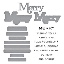 Load image into Gallery viewer, Spellbinders - Clear Stamp & Die Set - All About Christmas - Merry Sentiments. There are eight sentiment stamps that work around the word, Merry. Available at Embellish Away in Bowmanville Ontario Canada.