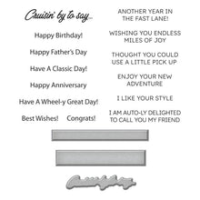 Load image into Gallery viewer, Set of 14 phrase clear stamps and three thin metal cutting dies can be used as a stand-alone stamp. Available at Embellish Away in Bowmanville Ontario Canada.