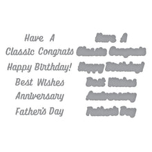 Load image into Gallery viewer, Set of 22 thin dies, there are many greetings that can be made in a causal print font with matching outlines. At Embellish Away in Bowmanville Ontario Canada.